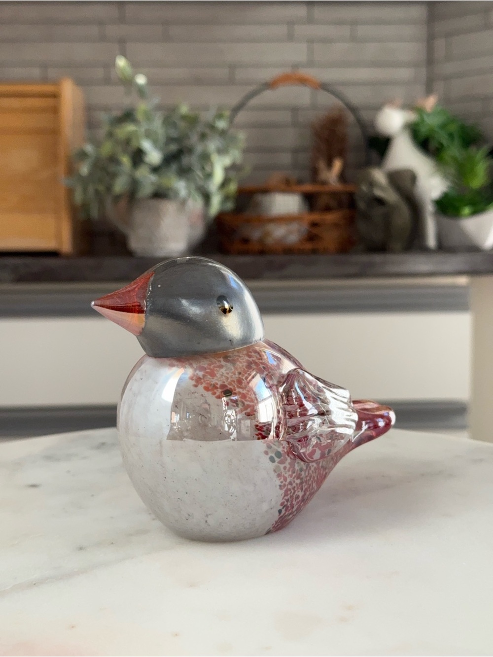 Hand Blown Art Glass Bird Figurine Red White Speckled Decor